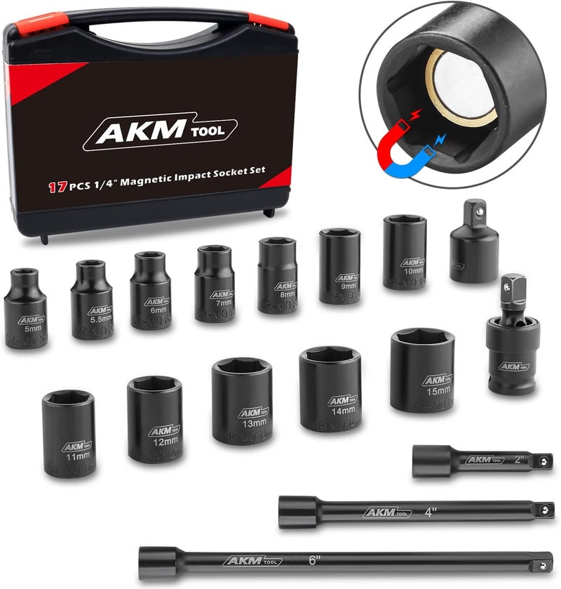 AKM TOOL 1/4 Inch Drive Magnetic Impact Socket Set, 17-Piece Metric, 5mm-15mm, 6 Point, Cr-Mo, Square Drive, Magnetic Socket with Adapter, Universal Joint & Extension - Image 1